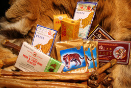Products made from tigers in the traditional Asian medicine: whole pelt, bandages, balm, dried penises.